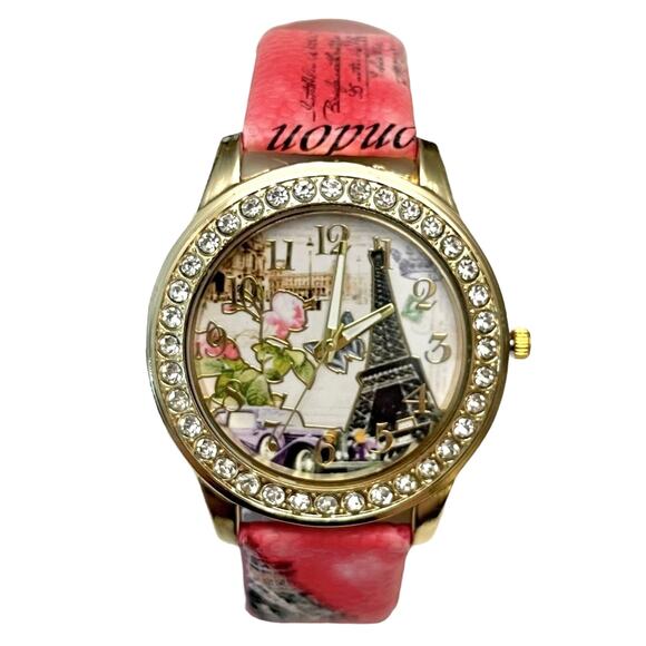 Women's PARIS EIFFEL TOWER BEJEWELED WATCH Red Pink Strap - NEW BATTERY - Picture 1 of 5